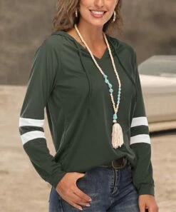 Best Pirce 🔥 CELLABIE Green Stripe-Accent V-Neck Hoodie - 👩 Women 😍