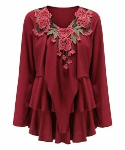 Best deal 🥰 CELLABIE Red Wine Floral Embroidered Tiered Long-Sleeve V-Neck Top - 👩 Women 😉