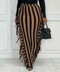 Flash Sale ✔️ CELLABIE Brown & Black Stripe Tassel-Accent Maxi 👗 Skirt - 👩 Women 🤩