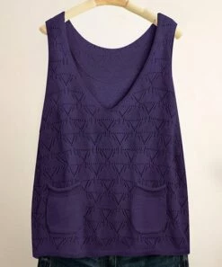 Cheapest 😉 CELLABIE Purple Geometric Pointelle V-Neck Pocket Sweater Vest - 👩 Women 👏
