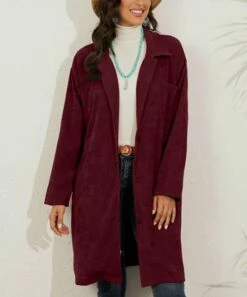 Best Sale 🎁 CELLABIE Red Corduroy Longline Button-Up Jacket - 👩 Women 🛒