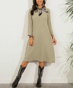 Outlet ⌛ CELLABIE Khaki Long-Sleeve Midi 👗 Dress - 👩 Women 😀