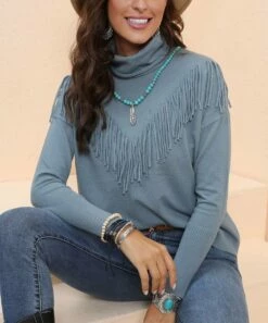 Coupon 🔔 CELLABIE Light Blue Fringe-Trim Turtleneck - 👩 Women 😀 -CELLABIE shop zu100971234 alt 2 tm1635532202