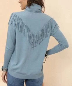 Coupon 🔔 CELLABIE Light Blue Fringe-Trim Turtleneck - 👩 Women 😀 -CELLABIE shop zu100971234 alt 3 tm1635532202