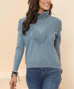Coupon 🔔 CELLABIE Light Blue Fringe-Trim Turtleneck - 👩 Women 😀 -CELLABIE shop zu100971234 alt 4 tm1635532202
