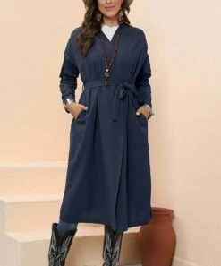 Discount 🛒 CELLABIE Navy Belted Pocket Duster - 👩 Women 😀