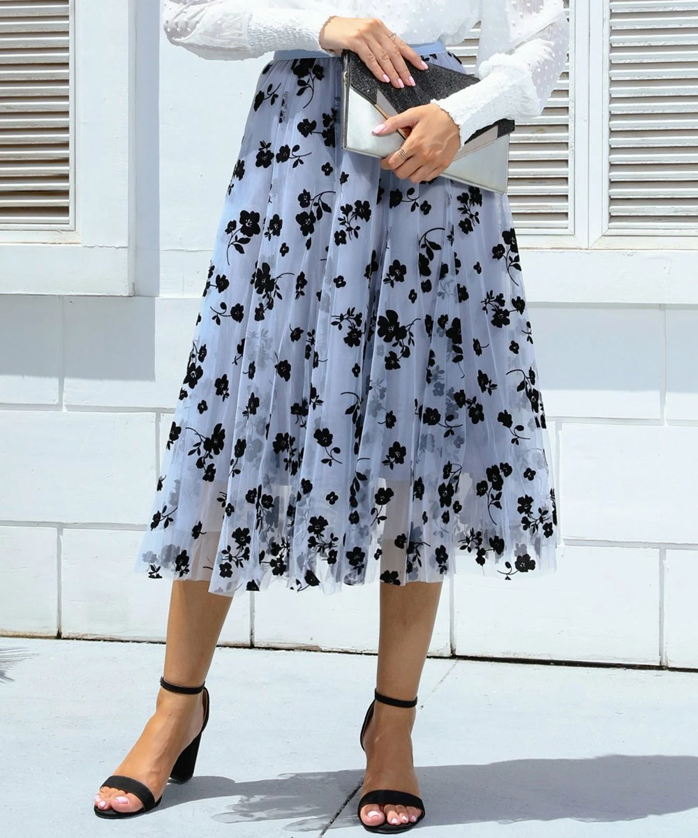 Discount ๐คฉ CELLABIE Blue-Gray Black Floral Tulle-Overlay A-Line ๐ Skirt - ๐ฉ Women ๐ฏ 4 Discount ๐คฉ CELLABIE Blue-Gray Black Floral Tulle-Overlay A-Line ๐ Skirt - ๐ฉ Women ๐ฏ - Image 2