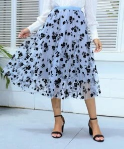 Discount 🤩 CELLABIE Blue-Gray Black Floral Tulle-Overlay A-Line 👗 Skirt - 👩 Women 💯