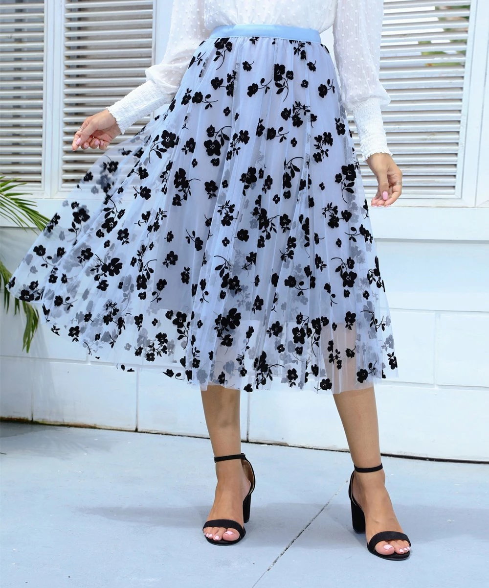 Discount ๐คฉ CELLABIE Blue-Gray Black Floral Tulle-Overlay A-Line ๐ Skirt - ๐ฉ Women ๐ฏ 3 Discount ๐คฉ CELLABIE Blue-Gray Black Floral Tulle-Overlay A-Line ๐ Skirt - ๐ฉ Women ๐ฏ