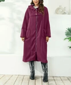 Cheap 🌟 CELLABIE Red Wine Pocket Longline Zip-Up Hoodie - 👩 Women ❤️ -CELLABIE shop zu101430222 alt 2 tm1637164513