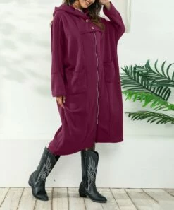 Cheap 🌟 CELLABIE Red Wine Pocket Longline Zip-Up Hoodie - 👩 Women ❤️ -CELLABIE shop zu101430222 alt 4 tm1637164513