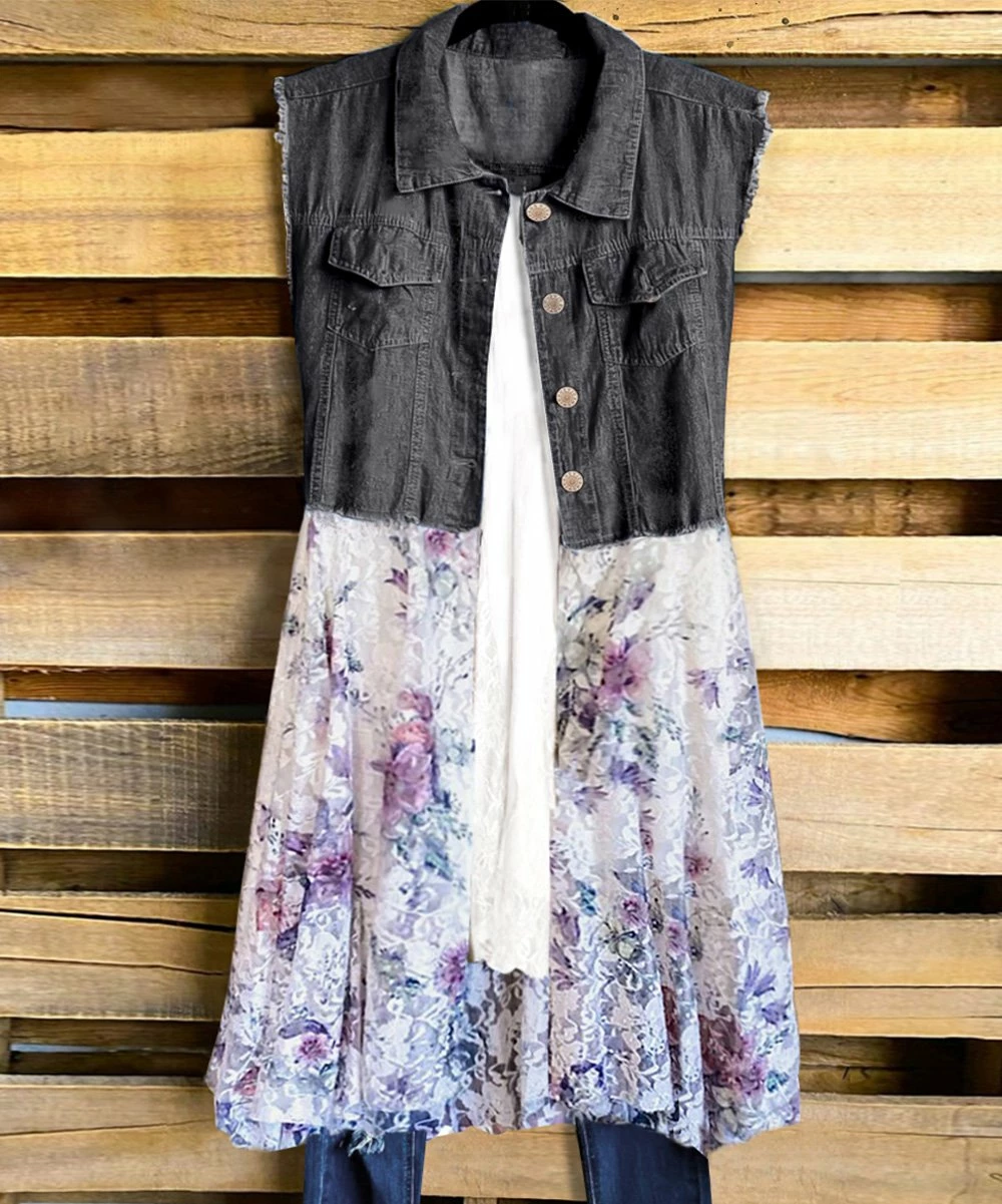 Discount 😍 CELLABIE Black & Purple Floral-Contrast Lace Denim Vest - 👩 Women 👍 4 Discount 😍 CELLABIE Black & Purple Floral-Contrast Lace Denim Vest - 👩 Women 👍 - Image 2