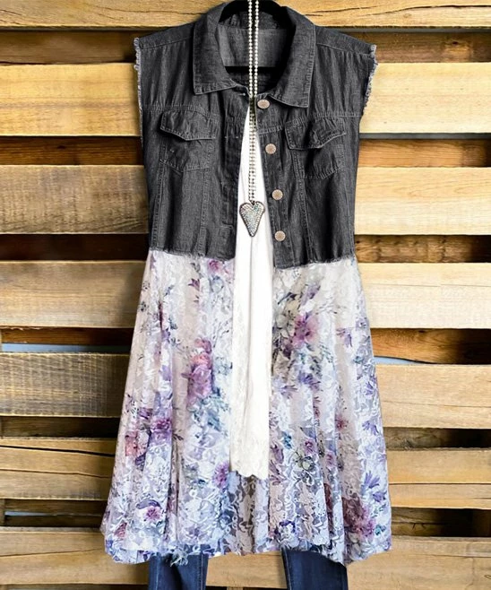Discount 😍 CELLABIE Black & Purple Floral-Contrast Lace Denim Vest - 👩 Women 👍 3 Discount 😍 CELLABIE Black & Purple Floral-Contrast Lace Denim Vest - 👩 Women 👍
