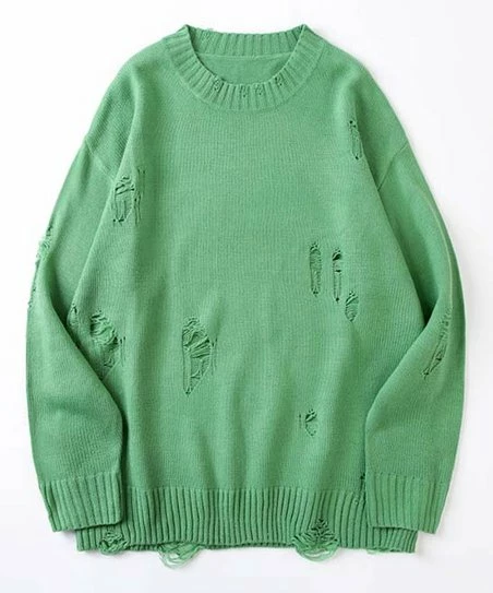 Hot Sale 🔔 CELLABIE Green Distressed Crewneck Sweater - 👩 Women 🌟 3 Hot Sale 🔔 CELLABIE Green Distressed Crewneck Sweater - 👩 Women 🌟