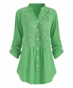 Best reviews of 👏 CELLABIE Grass Green Lace-Accent Curved-Hem Button-Up - 👩 Women 😉