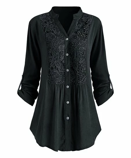 Wholesale 😀 CELLABIE Black Lace-Accent Curved-Hem Button-Up - 👩 Women ❤️ 3 Wholesale 😀 CELLABIE Black Lace-Accent Curved-Hem Button-Up - 👩 Women ❤️