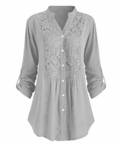 Buy 👏 CELLABIE Gray Lace-Accent Curved-Hem Button-Up - 👩 Women 💯
