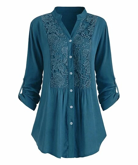 Promo ⌛ CELLABIE Blue Lace-Accent Curved-Hem Button-Up - 👩 Women 🤩 3 Promo ⌛ CELLABIE Blue Lace-Accent Curved-Hem Button-Up - 👩 Women 🤩