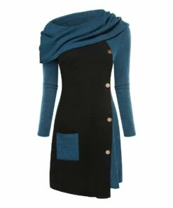 Cheapest ๐ CELLABIE Blue Contrast Button-Accent Cowl-Neck Sweater ๐ Dress - ๐ฉ Women ๐งจ