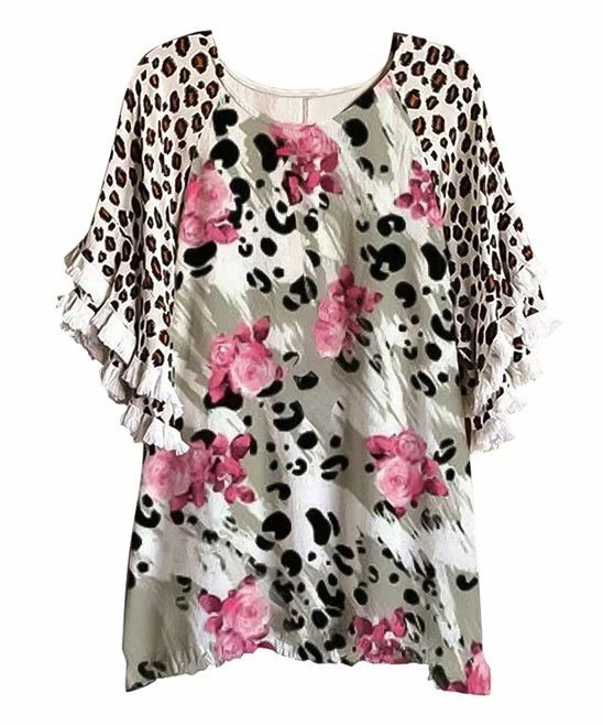 Best deal 🌟 CELLABIE Pink & White Floral Animal-Print Fringe-Accent Cape-Sleeve Top - 👩 Women 🔥 4 Best deal 🌟 CELLABIE Pink & White Floral Animal-Print Fringe-Accent Cape-Sleeve Top - 👩 Women 🔥 - Image 2