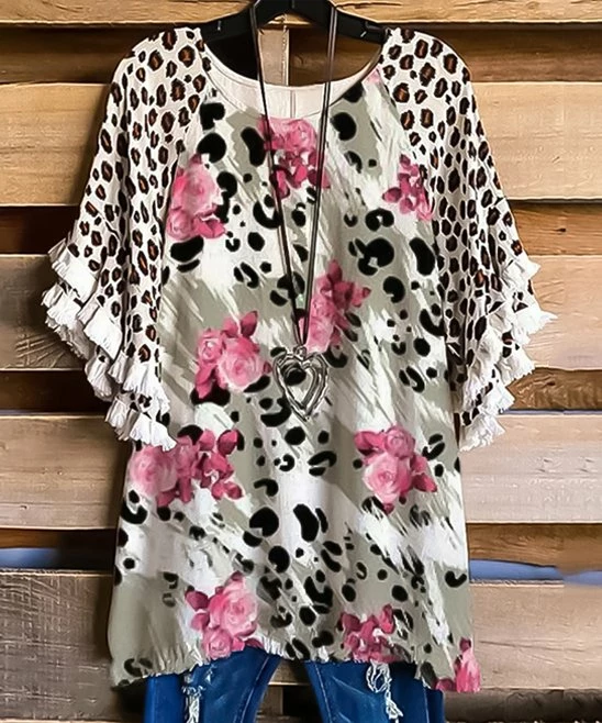 Best deal 🌟 CELLABIE Pink & White Floral Animal-Print Fringe-Accent Cape-Sleeve Top - 👩 Women 🔥 3 Best deal 🌟 CELLABIE Pink & White Floral Animal-Print Fringe-Accent Cape-Sleeve Top - 👩 Women 🔥