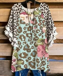 Promo ✔️ CELLABIE Light Blue Floral Animal-Print Fringe-Accent Cape-Sleeve Top - 👩 Women 😍