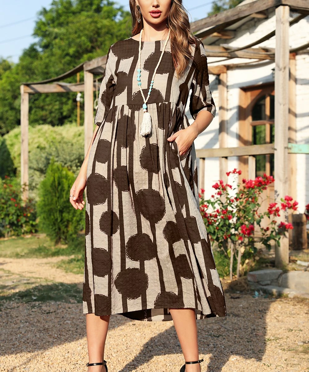 Best deal 😉 CELLABIE Coffee Circle Stripe Half-Sleeve Pocket Midi 👗 Dress - 👩 Women ✨ 4 Best deal 😉 CELLABIE Coffee Circle Stripe Half-Sleeve Pocket Midi 👗 Dress - 👩 Women ✨ - Image 2