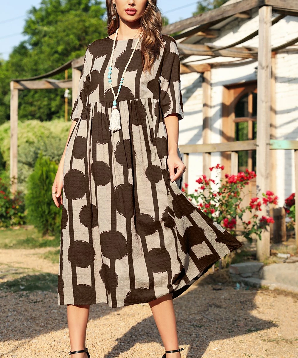 Best deal 😉 CELLABIE Coffee Circle Stripe Half-Sleeve Pocket Midi 👗 Dress - 👩 Women ✨ 5 Best deal 😉 CELLABIE Coffee Circle Stripe Half-Sleeve Pocket Midi 👗 Dress - 👩 Women ✨ - Image 3