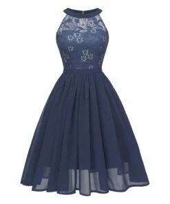 Coupon 👍 CELLABIE Navy Lace-Contrast Halter Fit & Flare 👗 Dress - 👩 Women 😀