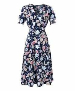 Discount 🎉 CELLABIE Navy & Pink Floral Surplice Midi 👗 Dress - 👩 Women 🛒
