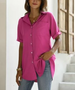 New 👏 CELLABIE Magenta Cuff-Sleeve Hi-Low Button-Up - 👩 Women ✔️