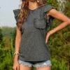 Discount 🎁 CELLABIE Heather Gray Pocket-Accent Flutter-Sleeve Tee - 👩 Women 😍 -CELLABIE shop zu104156378 main tm1647368825