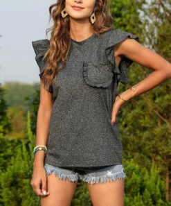 Discount 🎁 CELLABIE Heather Gray Pocket-Accent Flutter-Sleeve Tee - 👩 Women 😍
