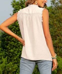 New 👏 CELLABIE Apricot Smocked Button-Front Ruffle-Trim Tank - 👩 Women For Other ❤️ -CELLABIE shop zu104163697 alt 2 tm1647368825