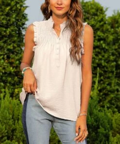 New 👏 CELLABIE Apricot Smocked Button-Front Ruffle-Trim Tank - 👩 Women For Other ❤️