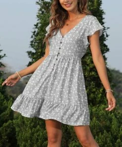 Cheapest ✔️ CELLABIE Gray Floral Button-Front V-Neck 👗 Dress - 👩 Women 😉