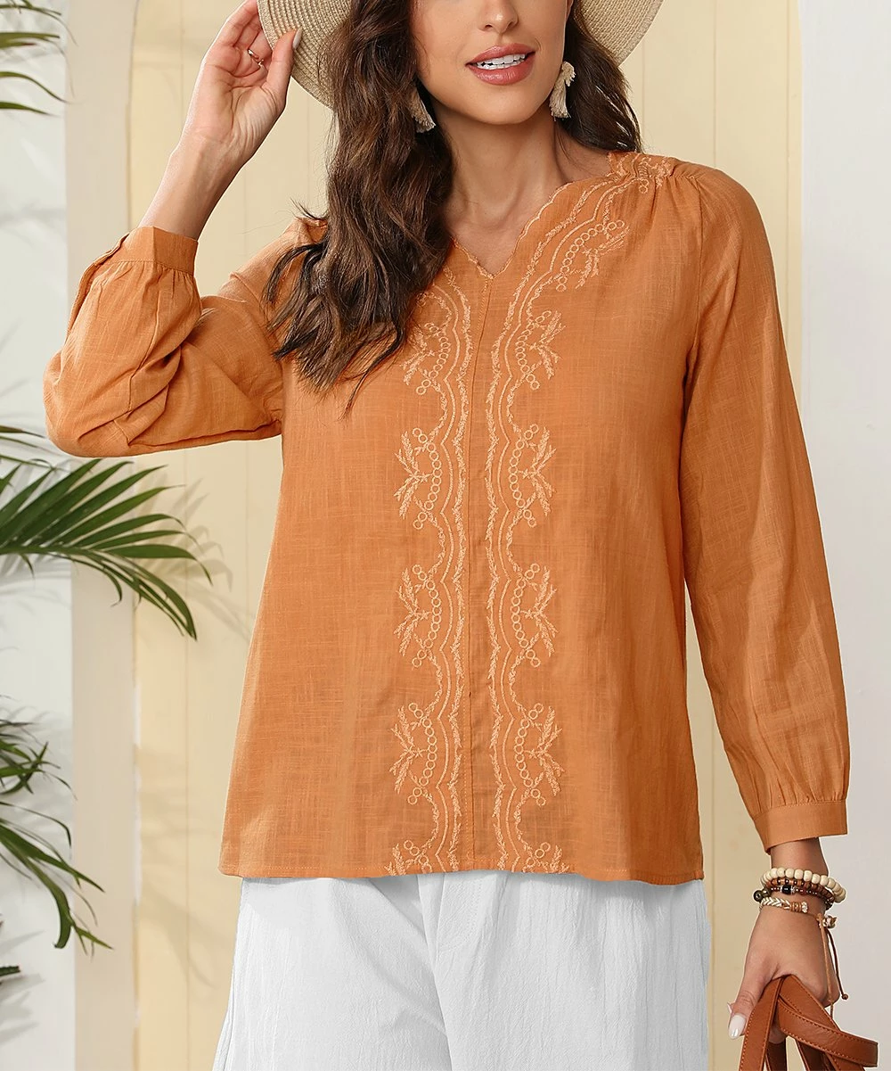 Best Pirce ❤️ CELLABIE Orange Embroidered Long-Sleeve V-Neck Top - 👩 Women 🎉 4 Best Pirce ❤️ CELLABIE Orange Embroidered Long-Sleeve V-Neck Top - 👩 Women 🎉 - Image 2