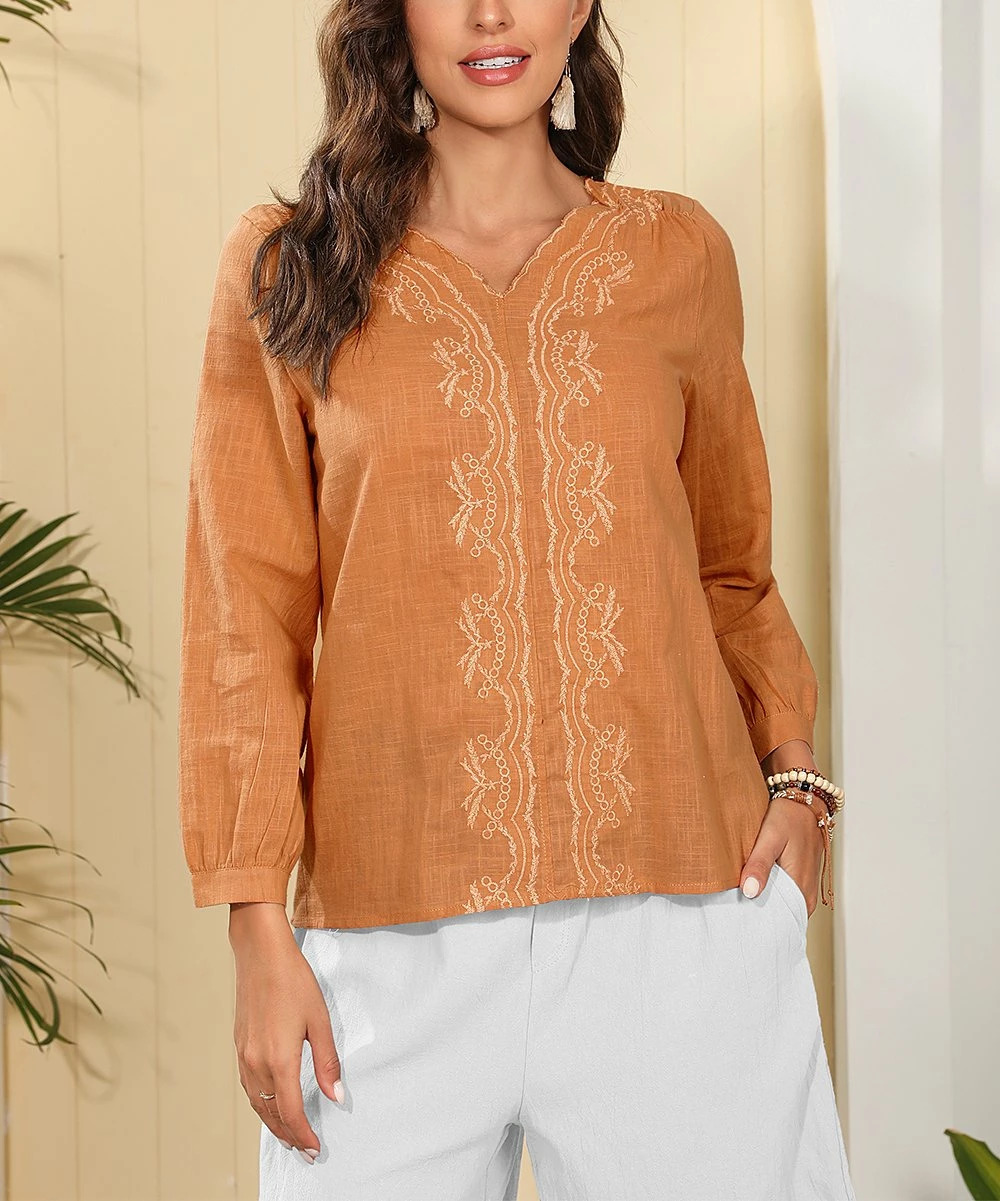 Best Pirce ❤️ CELLABIE Orange Embroidered Long-Sleeve V-Neck Top - 👩 Women 🎉 5 Best Pirce ❤️ CELLABIE Orange Embroidered Long-Sleeve V-Neck Top - 👩 Women 🎉 - Image 3