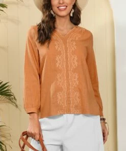 Best Pirce ❤️ CELLABIE Orange Embroidered Long-Sleeve V-Neck Top - 👩 Women 🎉 9 Best Pirce ❤️ CELLABIE Orange Embroidered Long-Sleeve V-Neck Top - 👩 Women 🎉 -CELLABIE shop zu104195922 alt 3 tm1648817351
