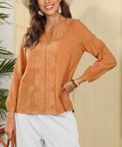 Best Pirce ❤️ CELLABIE Orange Embroidered Long-Sleeve V-Neck Top - 👩 Women 🎉