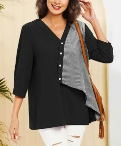 Deals 🎉 CELLABIE Black Stripe-Contrast Button-Detail Three-Quarter Sleeve Tunic - 👩 Women For Other 🥰