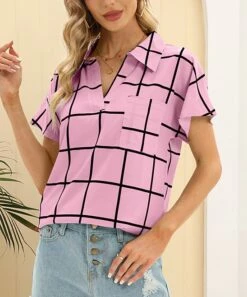 Hot Sale 🥰 CELLABIE Pink & Black Windowpane Bal-Collar Pocket Notch Neck Top - 👩 Women For Other 💯 -CELLABIE shop zu104656741 alt 3 tm1648817596