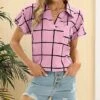 Hot Sale 🥰 CELLABIE Pink & Black Windowpane Bal-Collar Pocket Notch Neck Top - 👩 Women For Other 💯