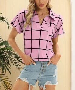 Hot Sale 🥰 CELLABIE Pink & Black Windowpane Bal-Collar Pocket Notch Neck Top - 👩 Women For Other 💯