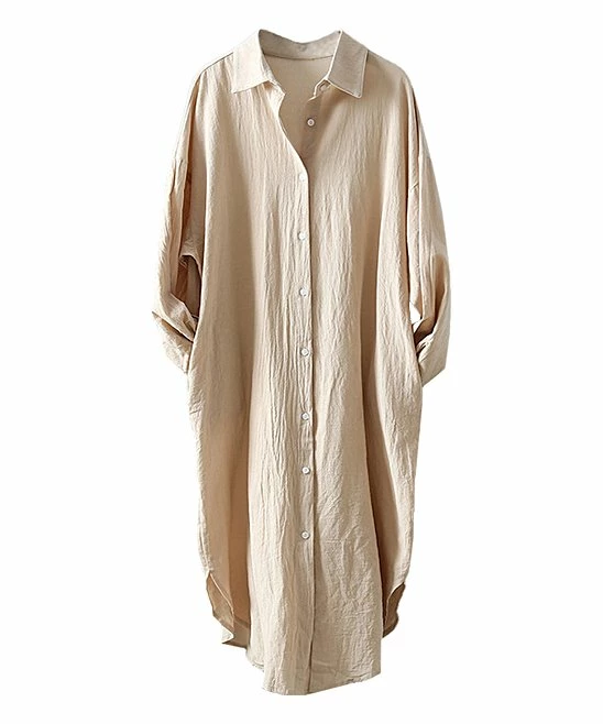 Budget 🛒 CELLABIE Khaki Curved-Hem Midi 👚 Shirt 👗 Dress - 👩 Women 🎁 4 Budget 🛒 CELLABIE Khaki Curved-Hem Midi 👚 Shirt 👗 Dress - 👩 Women 🎁 - Image 2