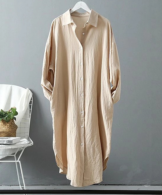 Budget 🛒 CELLABIE Khaki Curved-Hem Midi 👚 Shirt 👗 Dress - 👩 Women 🎁 3 Budget 🛒 CELLABIE Khaki Curved-Hem Midi 👚 Shirt 👗 Dress - 👩 Women 🎁