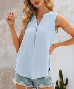 Best Pirce 🌟 CELLABIE Blue Pleated Notch Neck Tank - 👩 Women For Other 🌟 -CELLABIE shop zu104657001 alt 3 tm1648817254