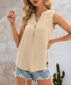 Coupon ⌛ CELLABIE Apricot Pleated Notch Neck Tank - 👩 Women For Other 🎉
