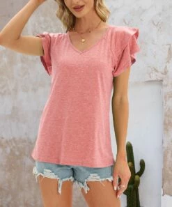 Hot Sale 🧨 CELLABIE Pink Flutter-Sleeve Tee - 👩 Women ⌛ -CELLABIE shop zu104657134 alt 2 tm1648817254