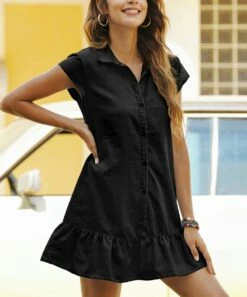 Promo 🥰 CELLABIE Black Ruffle-Hem 👕 Shirt 👗 Dress - 👩 Women 🌟